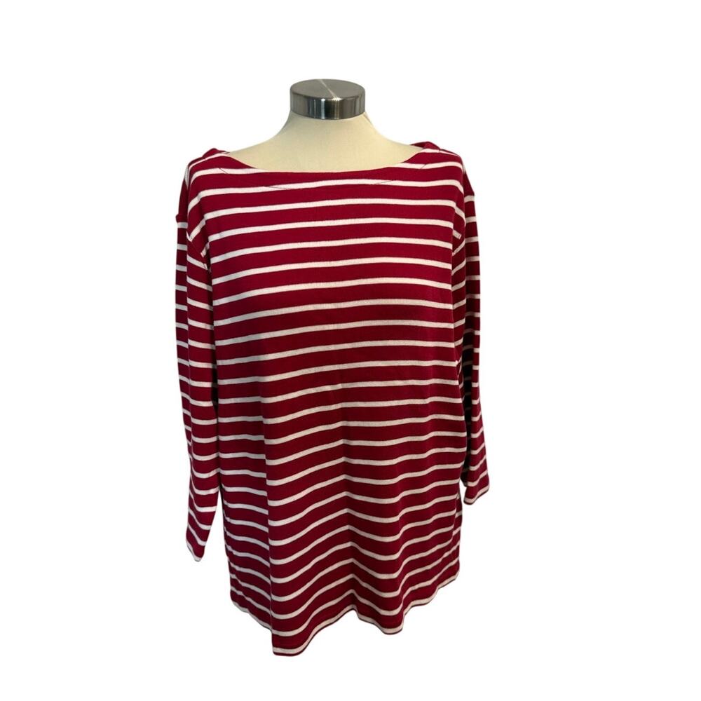 LL Bean Women's Nautical Ribbed Top 2X Bateau Neck Red White Striped Cotton Tee